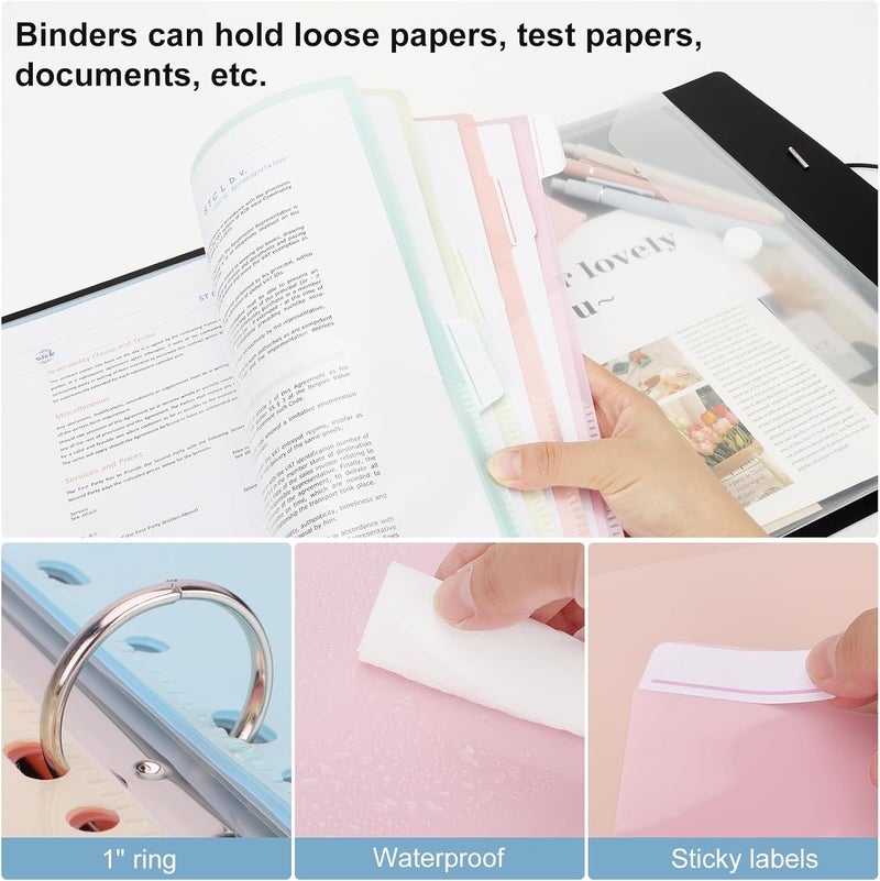 Uquelic 3-Ring Binder 1-Inch with Dividers, 6 Pocket Folders (12 Pockets) & Clear Pouch, Elastic Closure Refillable PP Folder for Letter Size Documents, School, Office - Macaron Inner Pages - Image 3